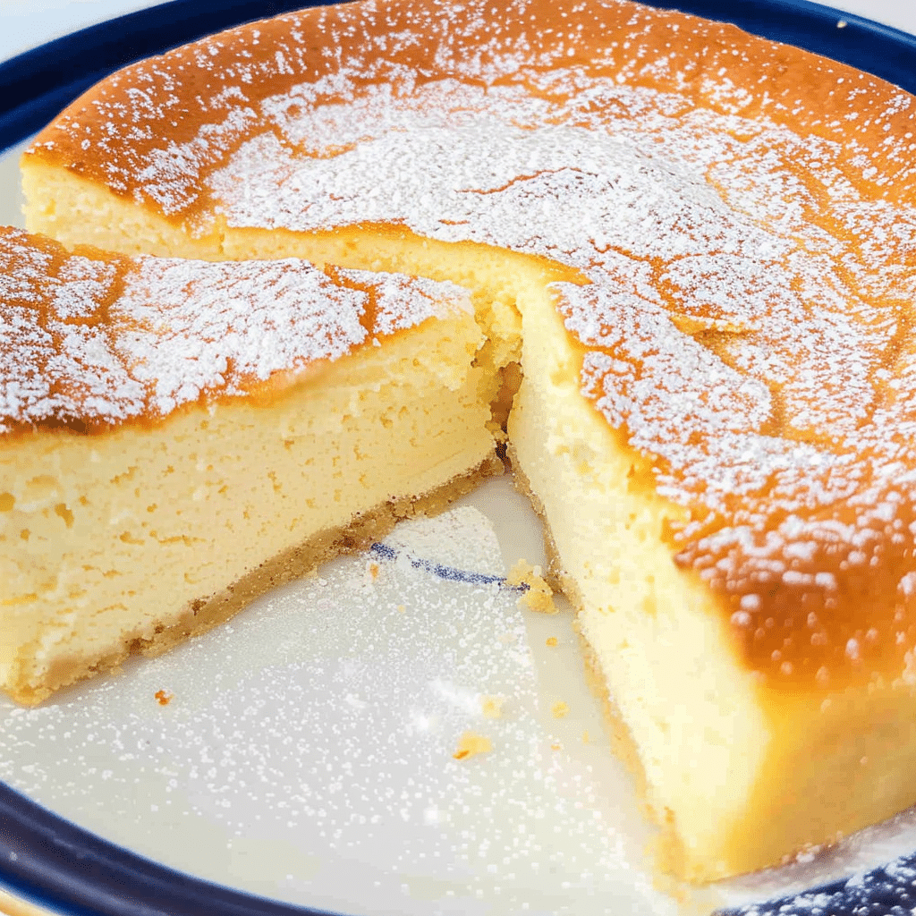 Fluffy homemade cloud cake recipe with powdered sugar on a plate