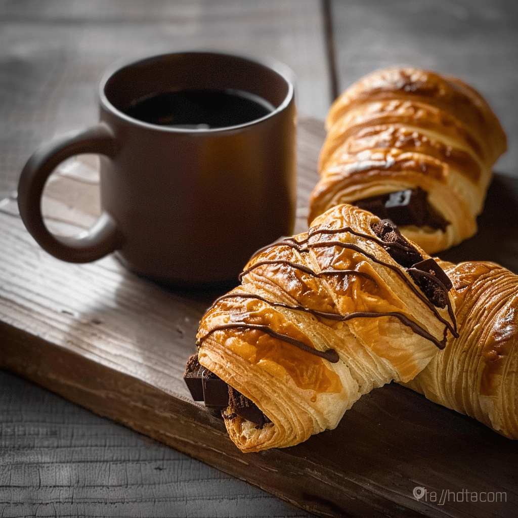 Gluten free chocolate croissant beside coffee mug