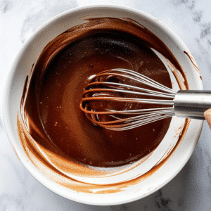Whisk mixing glossy chocolate ganache in white bowl