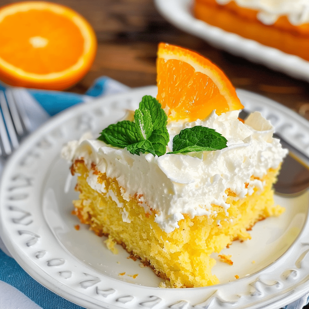Slice of Mandarin Orange Cake Recipe topped with whipped cream and fresh orange