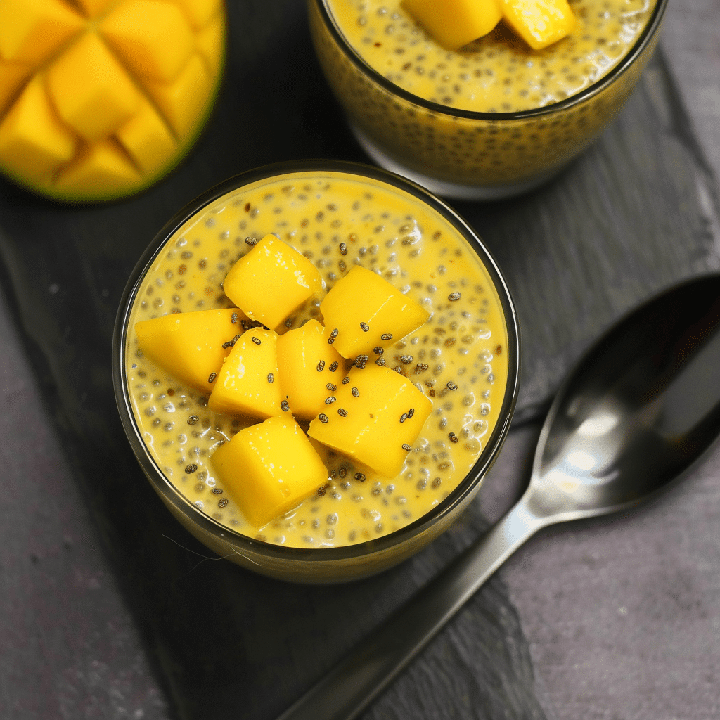 Mango chia pudding topped with fresh mango cubes in a glass