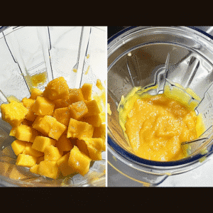 Fresh mango chunks inside a blender jar