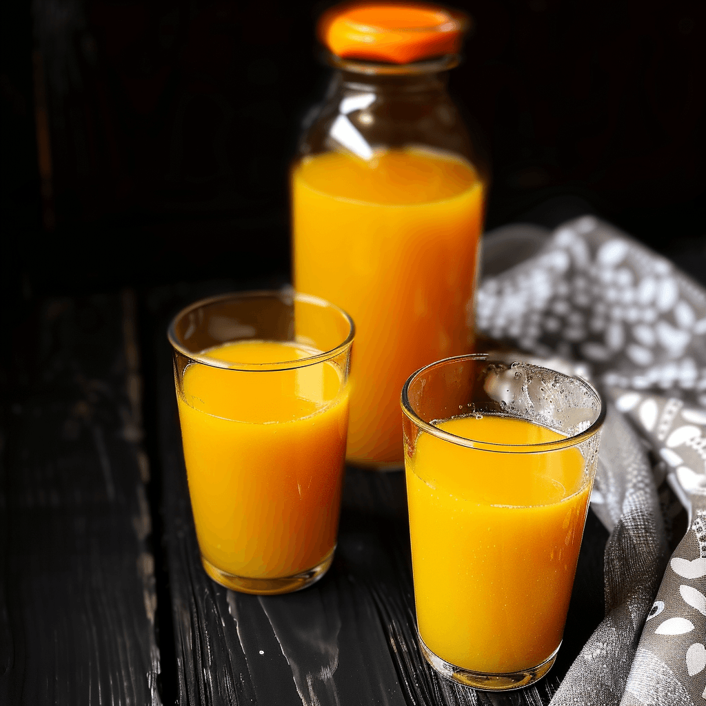 Two glasses and a bottle of homemade mango juice on a dark table