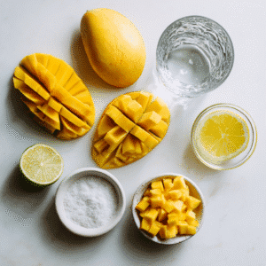 Ingredients for Mango Fruity Recipe including mango, lime, sugar, and water