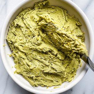 Bowl of whipped matcha pistachio buttercream