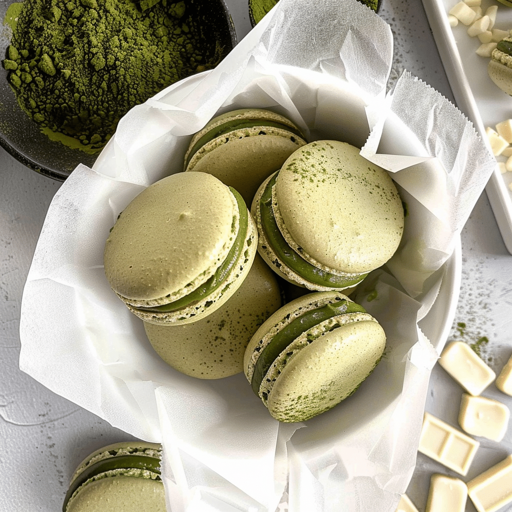Matcha Tea Macarons You’ll Love to Bake And Share 18 Matcha macarons in a white basket lined with parchment paper