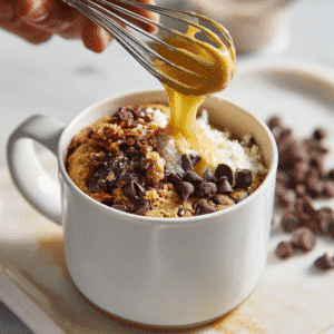 Pouring melted butter into mug with chocolate chips and flour