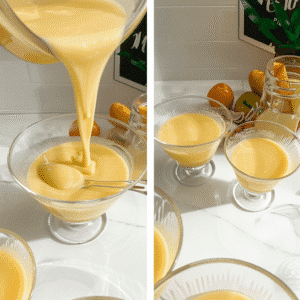 Pouring mango puree and cream mixture into a cooking pot