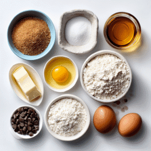 Ingredients for Mug Cake Chocolate Chip Cookie including flour, eggs, sugar, butter, and chocolate chips