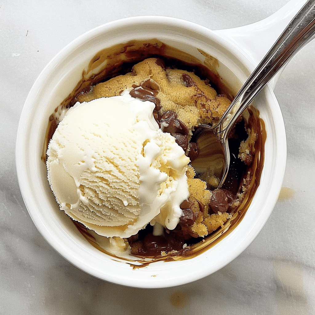 Chocolate chip mug cake topped with vanilla ice cream in a white ramekin