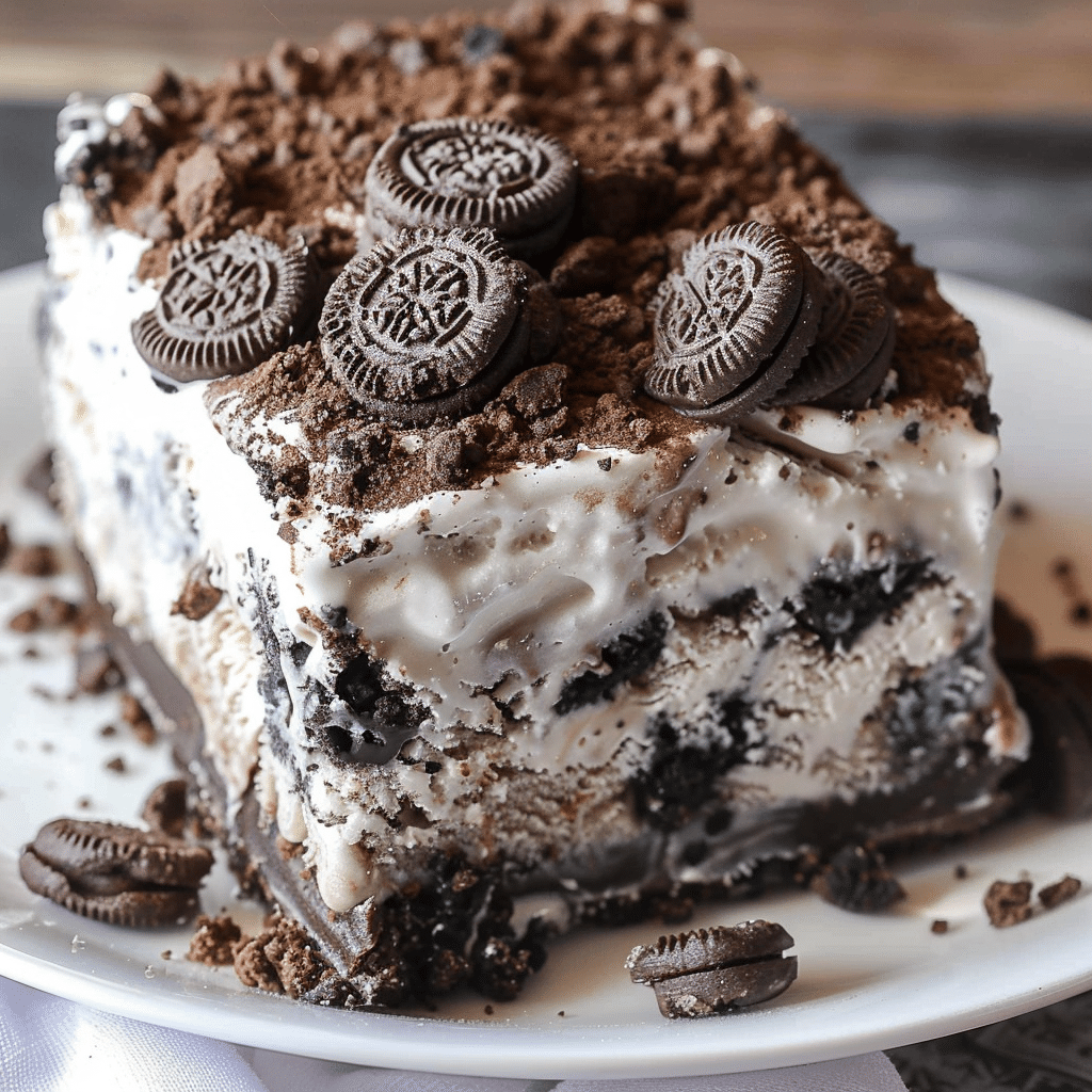 Easy Oreo And Cake Ice Cream At Home 18 Alternate angle of Oreo and cake ice cream slice with cookie topping