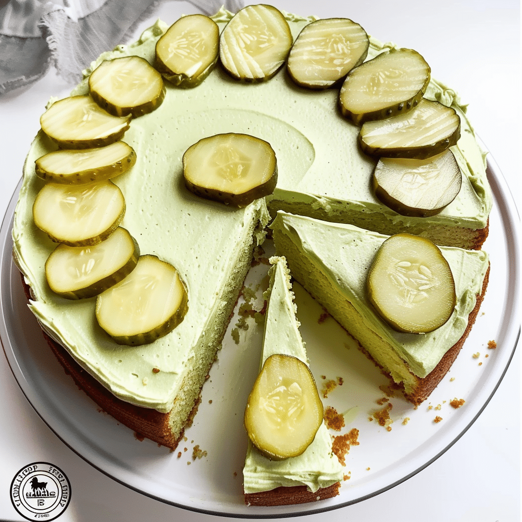 Pickle Cake: The Weird Recipe That Actually Works 15 Top view of a frosted pickle cake with circular pickle slice arrangement