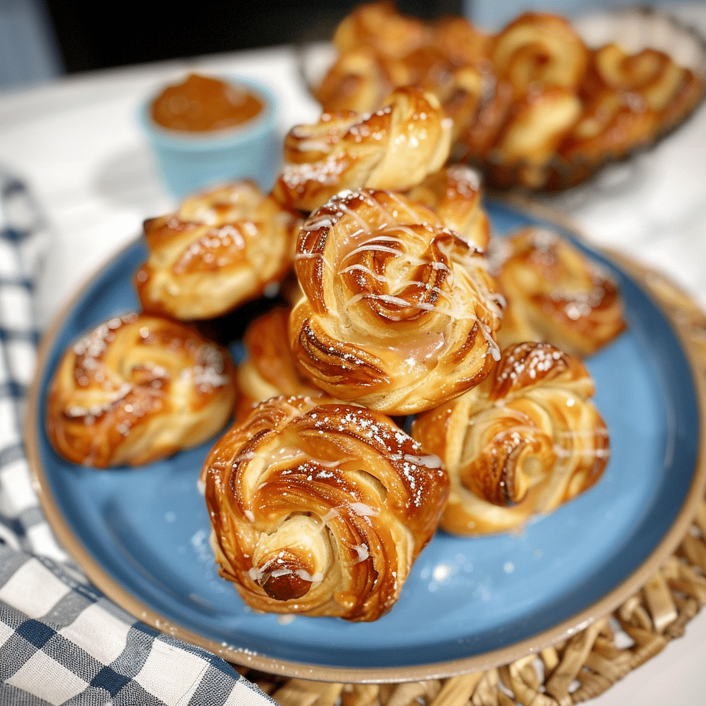 Stack of golden Peach Pie Cruffins on a blue plate