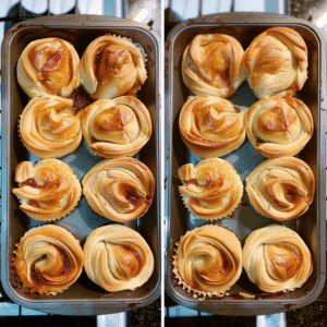 Unbaked Peach Pie Cruffins arranged in muffin tins