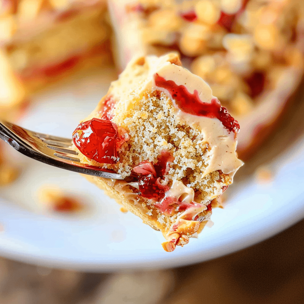 How to Make Peanut Butter Jelly Poke Cake 18 Bite of peanut butter jelly poke cake on a fork