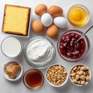 Ingredients for peanut butter jelly poke cake including eggs, cake, jam, yogurt, peanuts, and peanut butter