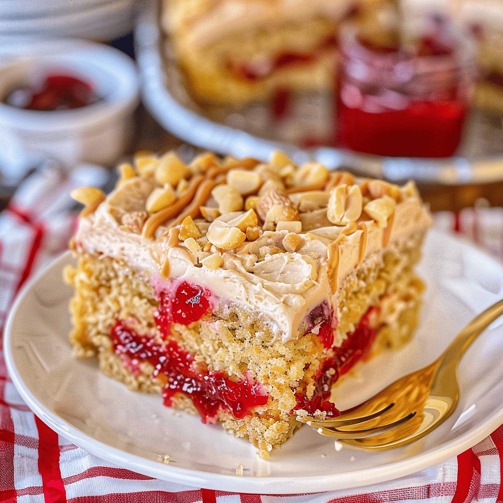 How to Make Peanut Butter Jelly Poke Cake 17 Peanut butter jelly poke cake slice on plate with jar of jam and peanuts