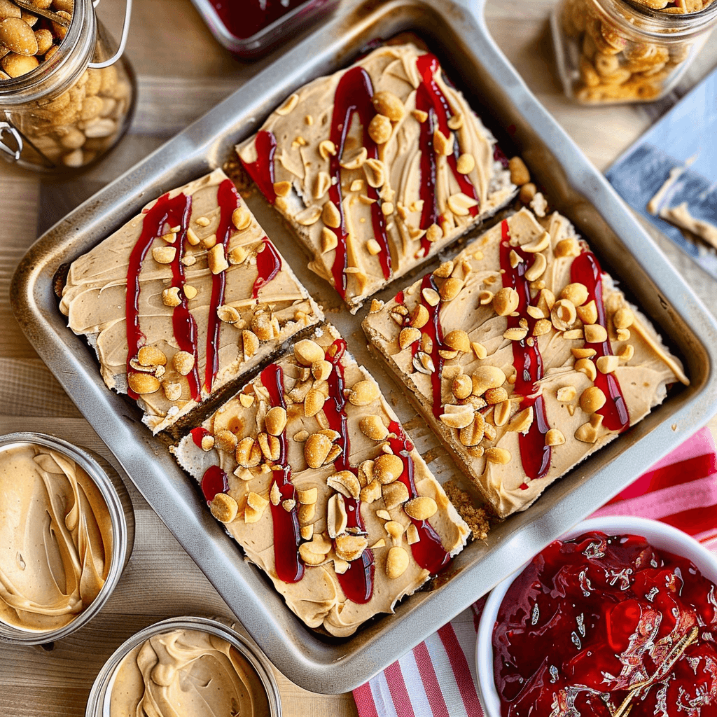 How to Make Peanut Butter Jelly Poke Cake 16 Sliced peanut butter jelly poke cake in pan with jelly and peanut butter drizzle