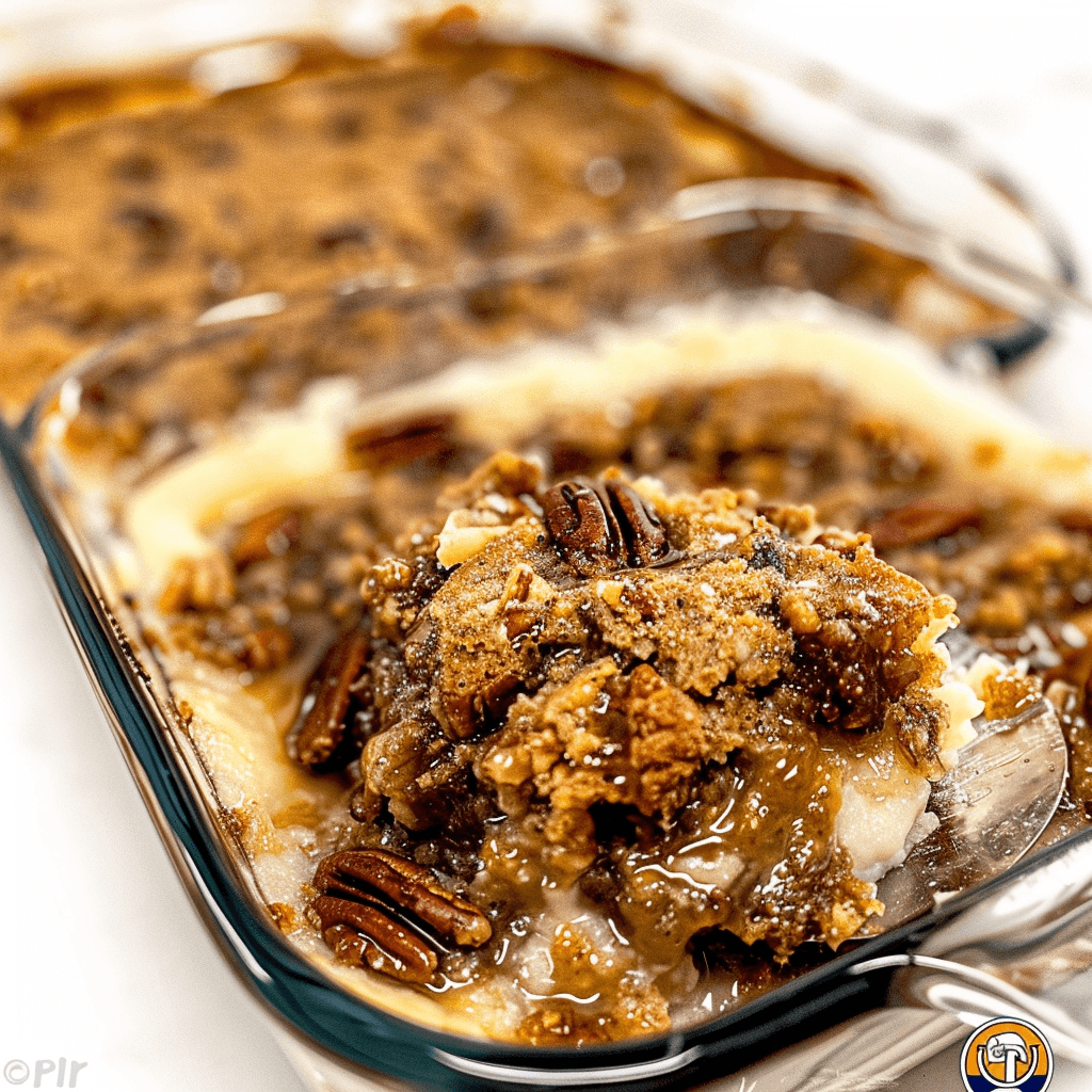 Pecan Dump Cake with Crunchy Topping and Warm Love 14 Freshly baked Pecan Dump Cake in a glass baking dish