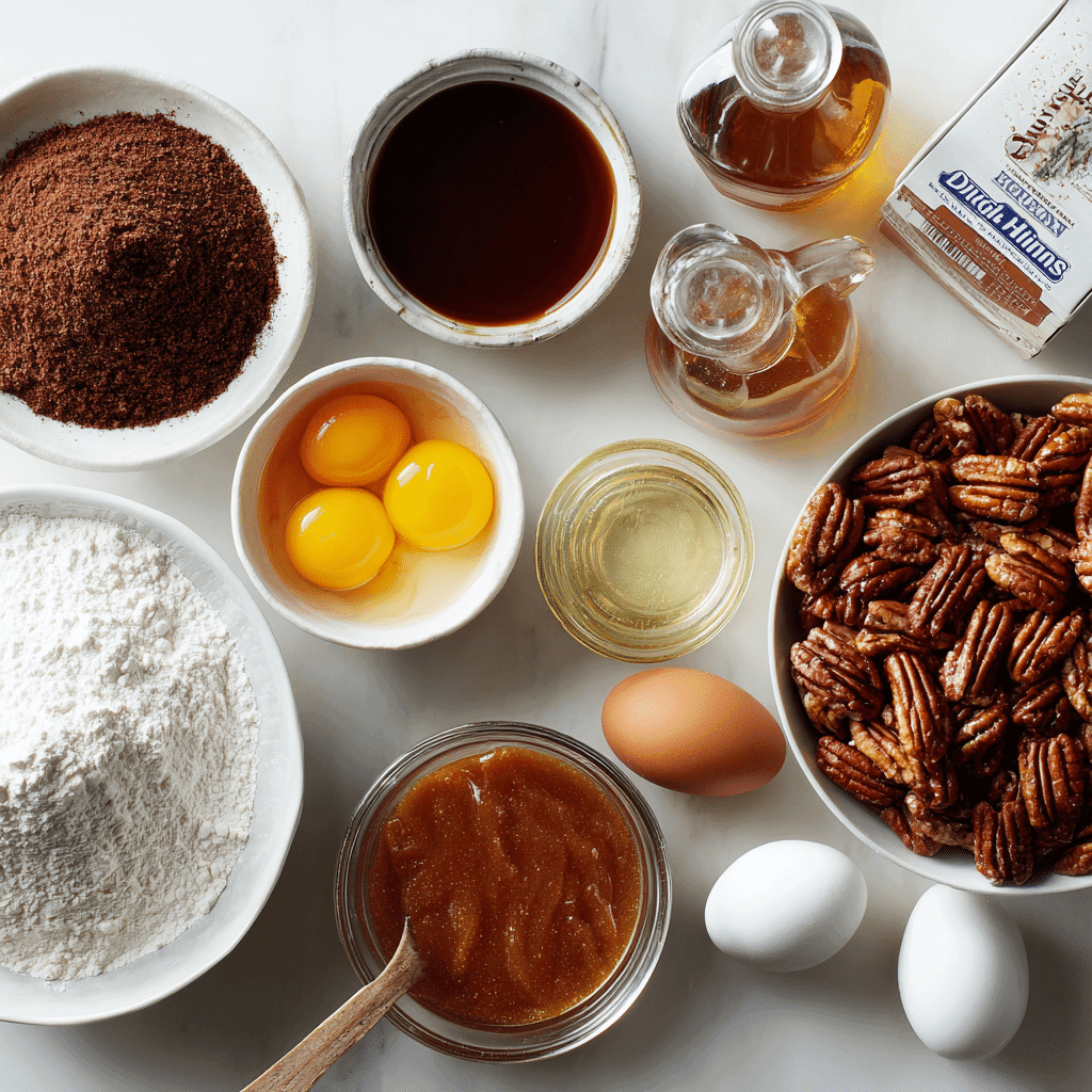 Pecan Dump Cake with Crunchy Topping and Warm Love 12 Ingredients for Pecan Dump Cake including pecans, eggs, flour, cocoa, and brown sugar