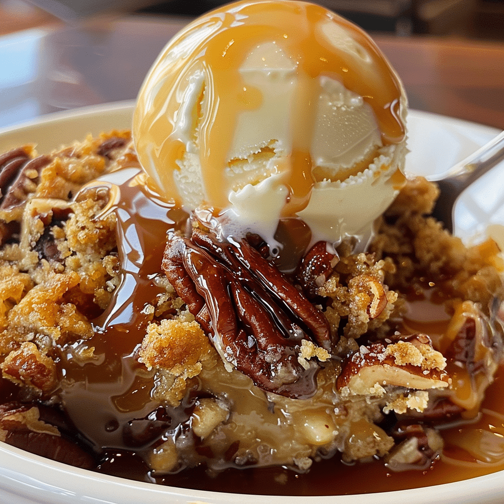 Pecan Dump Cake topped with vanilla ice cream and caramel sauce