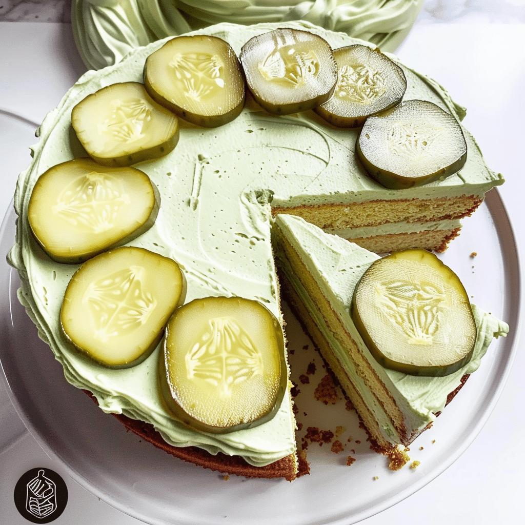 Pickle cake with green frosting and pickle slices on top