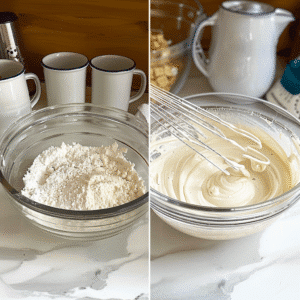 Mixing bowls with flour, sugar, and beaten batter for cake