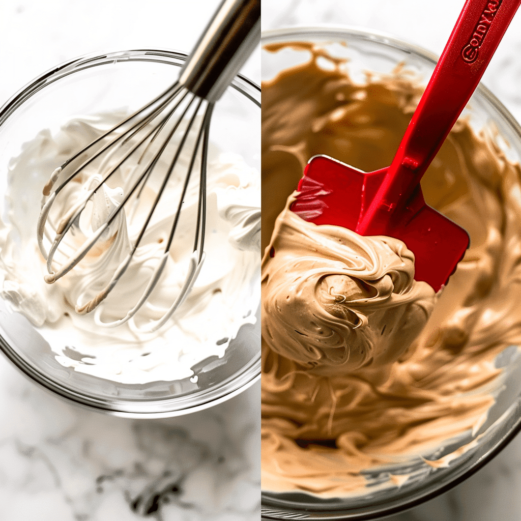 Crepe Cake Tiramisu You’ll Make Again And Again 13 Whipping and folding mascarpone cream for Crepe Cake Tiramisu in a glass bowl