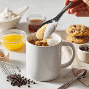 Adding brown sugar to mug with chocolate chips for mug cake