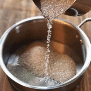Pouring sugar into saucepan to make mango syrup