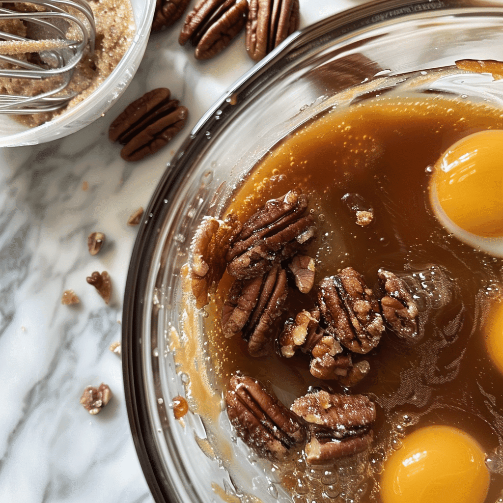 Pecan Dump Cake with Crunchy Topping and Warm Love 13 Mixing pecans, eggs, and syrup for Pecan Dump Cake batter in a bowl