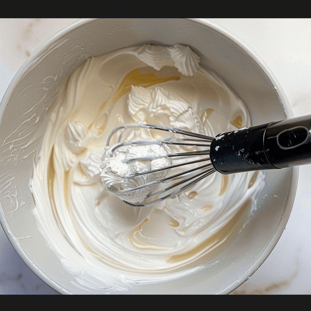 Limoncello Tiramisu Recipe 13 Whipping mascarpone and cream for Limoncello Tiramisu Recipe in a bowl