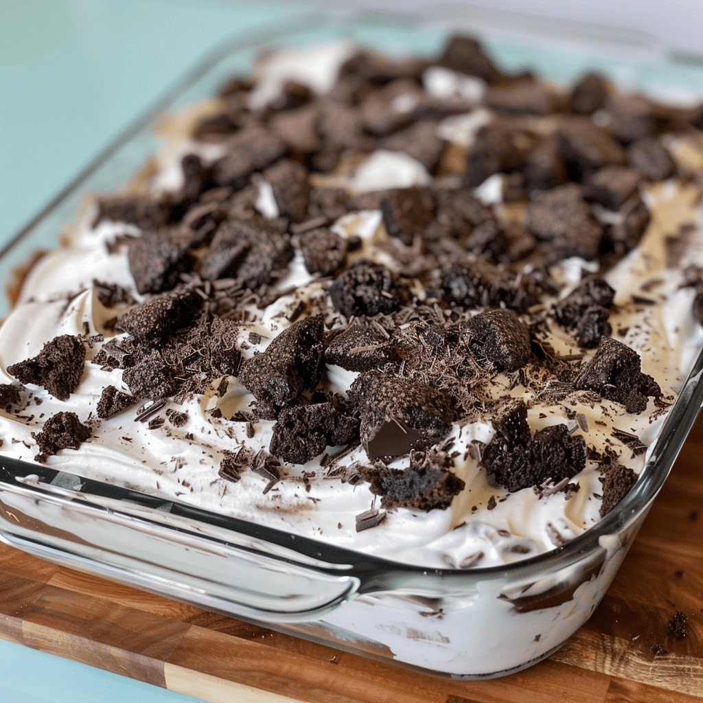 Easy Oreo And Cake Ice Cream At Home 17 Oreo and cream mixture being layered in glass baking dish