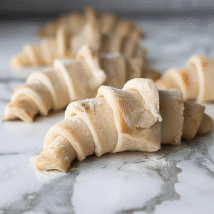 Raw gluten free croissants shaped and lined on marble