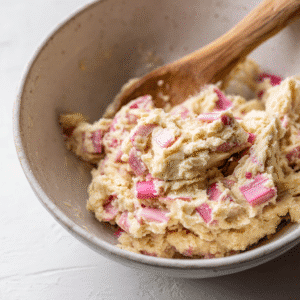 Cookie dough with folded-in rhubarb ready to scoop