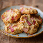 Rhubarb Shortbread Cookies to Wow the Table 4 Rhubarb shortbread cookies with pink rhubarb pieces on rustic plate