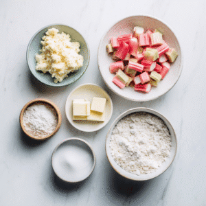 Baking ingredients for rhubarb shortbread cookies in bowls