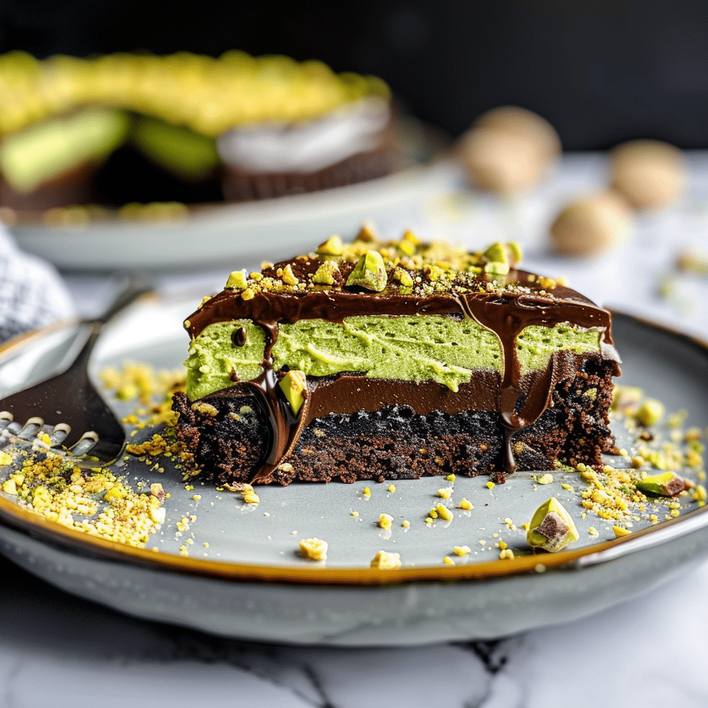 Dubai Chocolate Cake That Tastes Like Luxury 17 Plate with a slice of Dubai Chocolate Cake, ganache dripping over sides