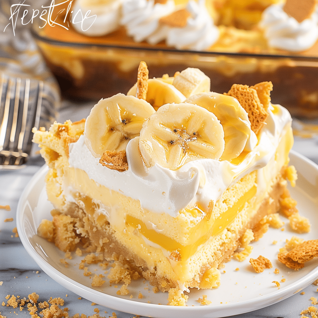 Plated slice of banana pudding poke cake with whipped topping