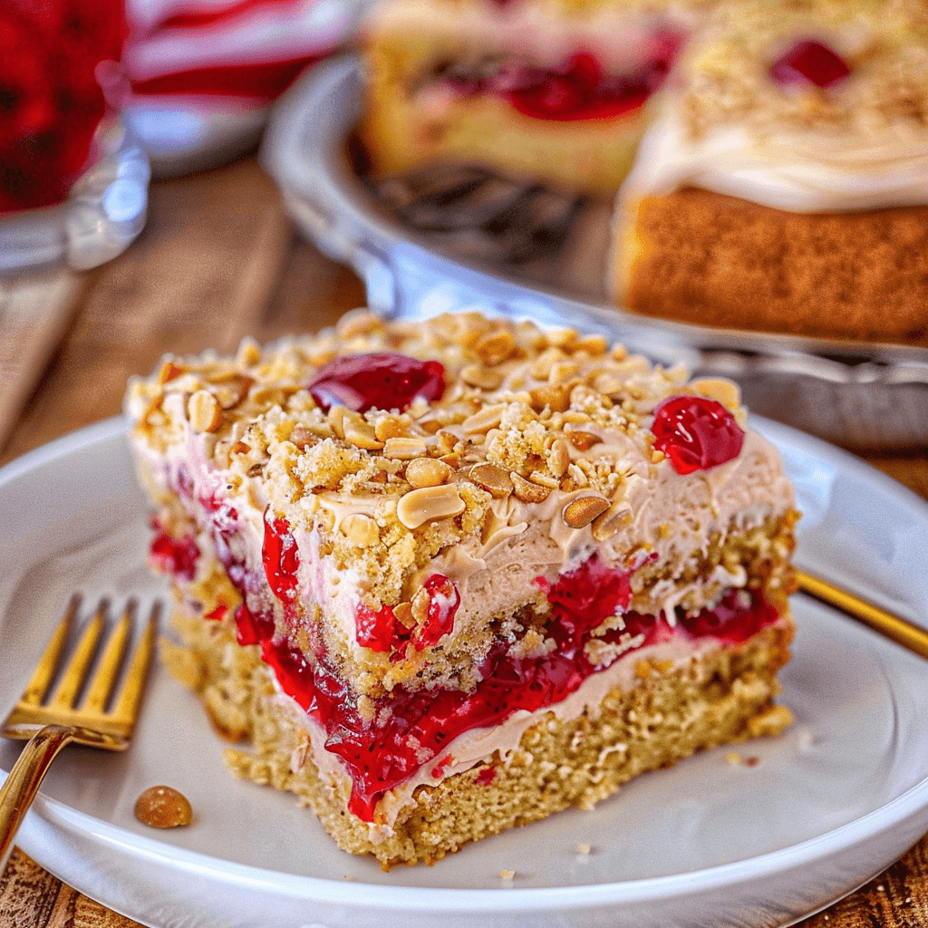 Slice of peanut butter jelly poke cake on a white plate with cake in background