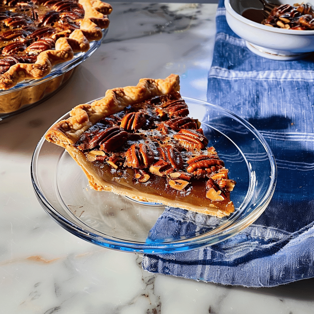 Bourbon Pecan Pie Chocolate Recipe 16 Serving a slice of Bourbon Pecan Pie Chocolate with the whole pie in background