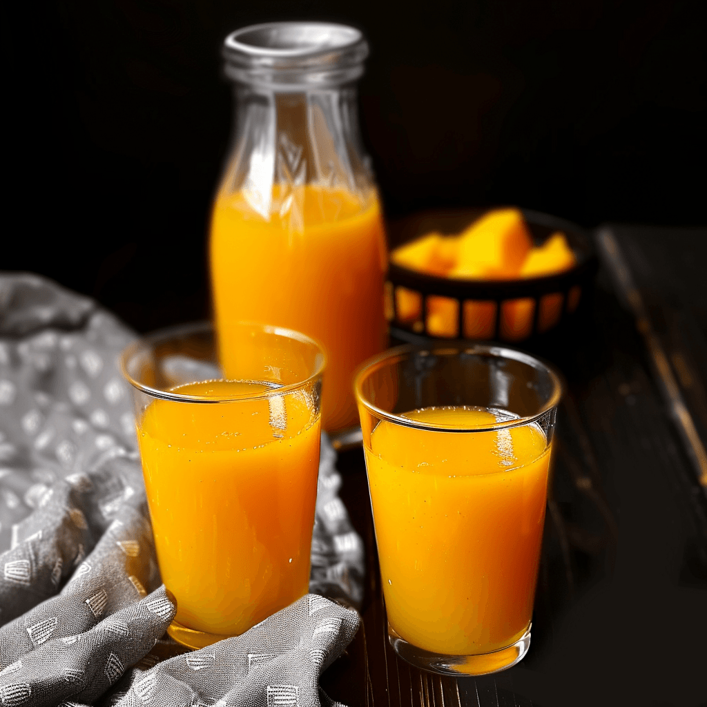 Mango Fruity Recipe: Zesty Sunshine Treat Kids Love 18 Mango fruity drink served in glasses and a bottle with diced mangoes in background