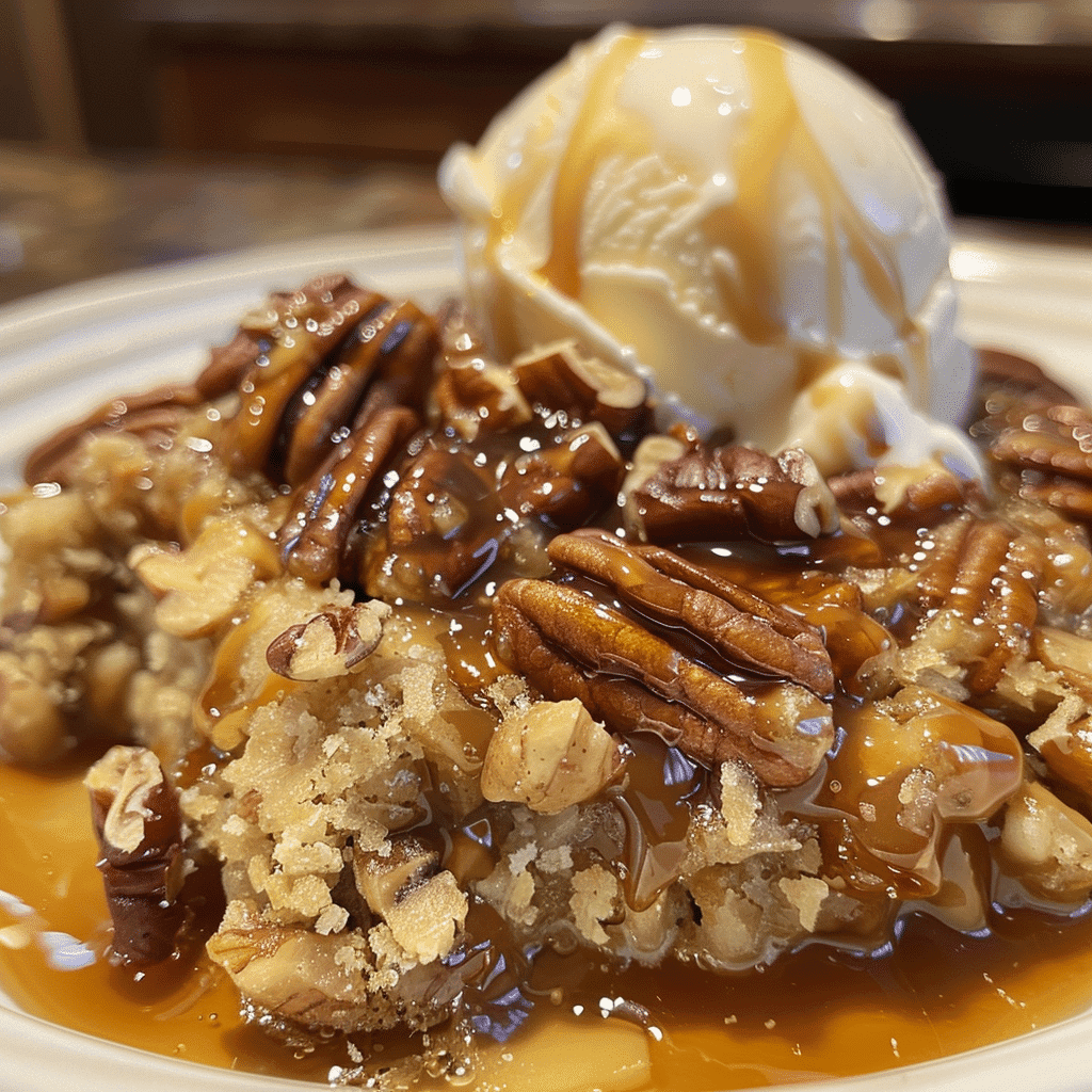 Pecan Dump Cake with Crunchy Topping and Warm Love 15 Serving of Pecan Dump Cake with ice cream and caramel on a plate
