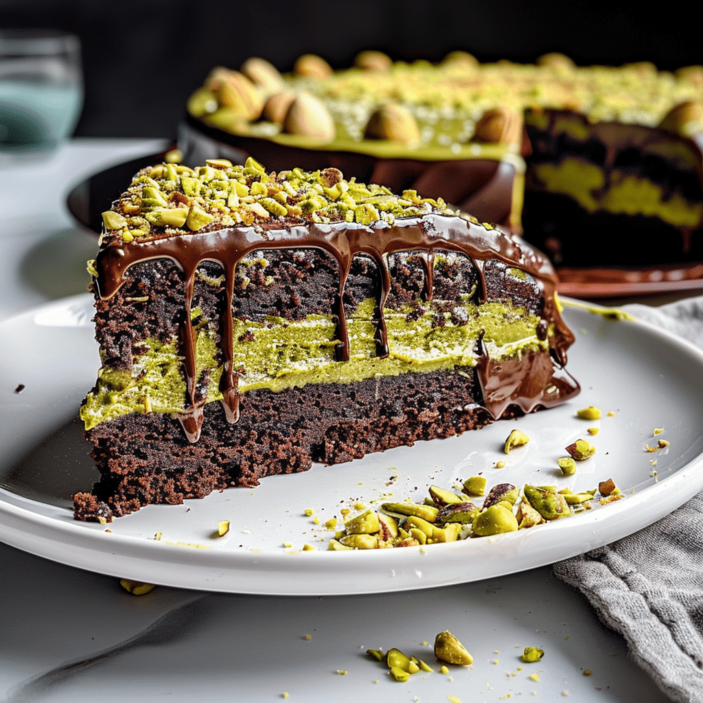 Dubai Chocolate Cake That Tastes Like Luxury 16 Slice of chocolate pistachio cake with layered matcha frosting and ganache
