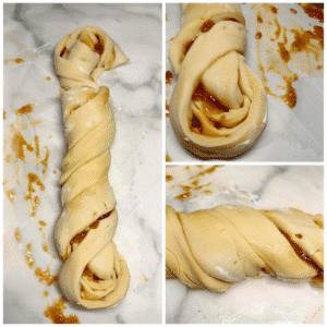 Rolled and twisted dough filled with peach jam