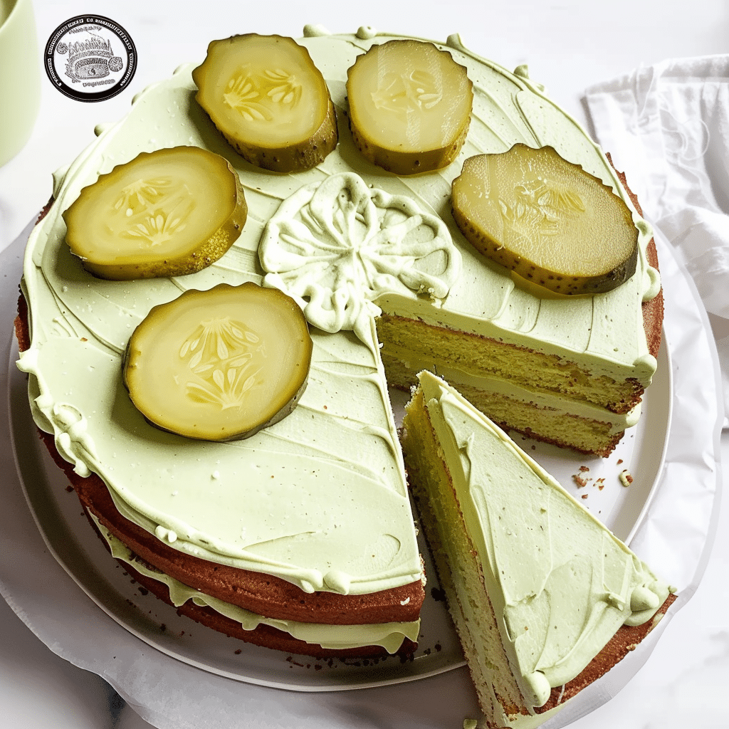Pickle Cake: The Weird Recipe That Actually Works 14 A slice of pickle cake pulled from a frosted round cake