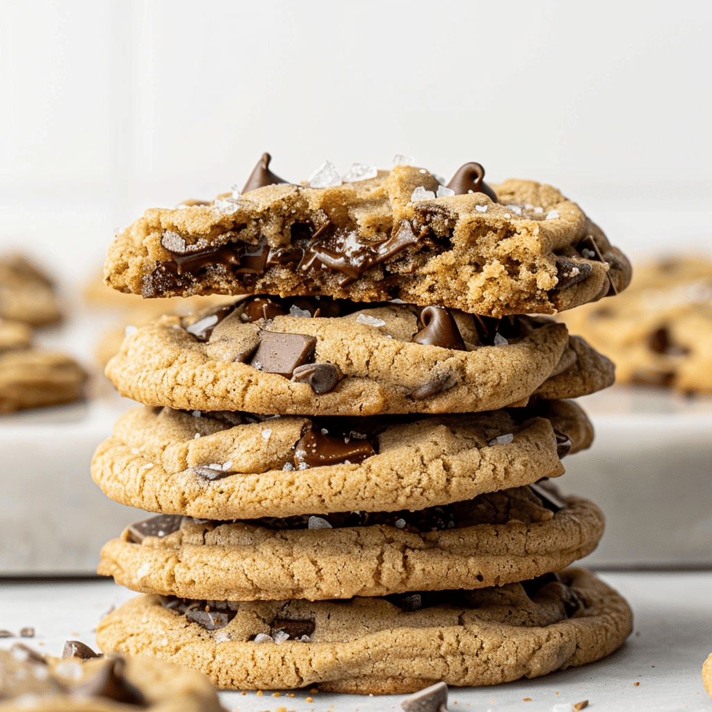 Stack of oat flour cookies with chocolate chips, top cookie with bite
