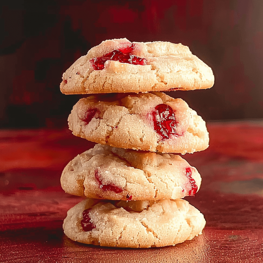 Cherry Cookies Everyone Will Love to Bake 16 Stack of cherry cookies on a dark red background