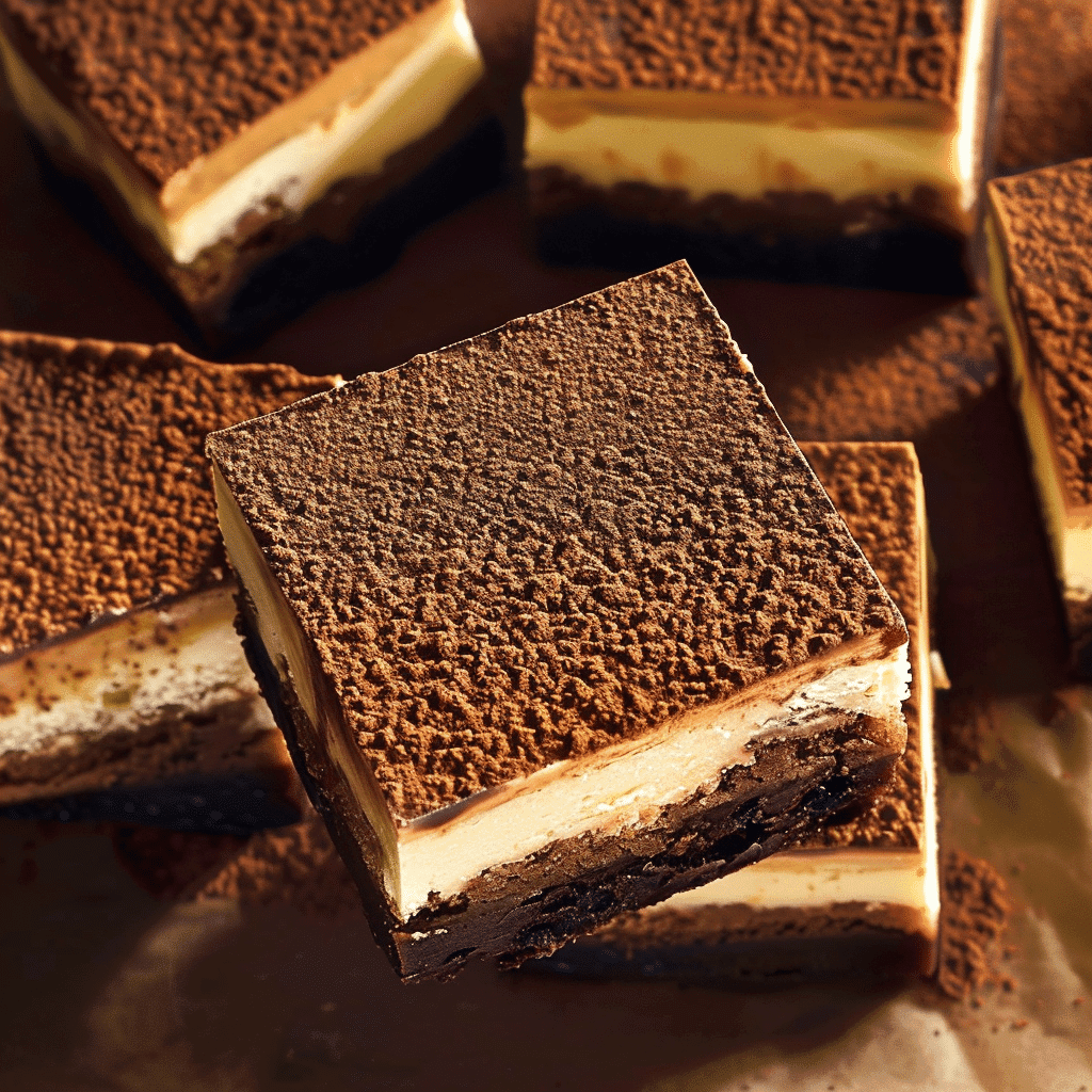 Chocolate Brownie Tiramisu 15 Angled view of Chocolate Brownie Tiramisu squares stacked together