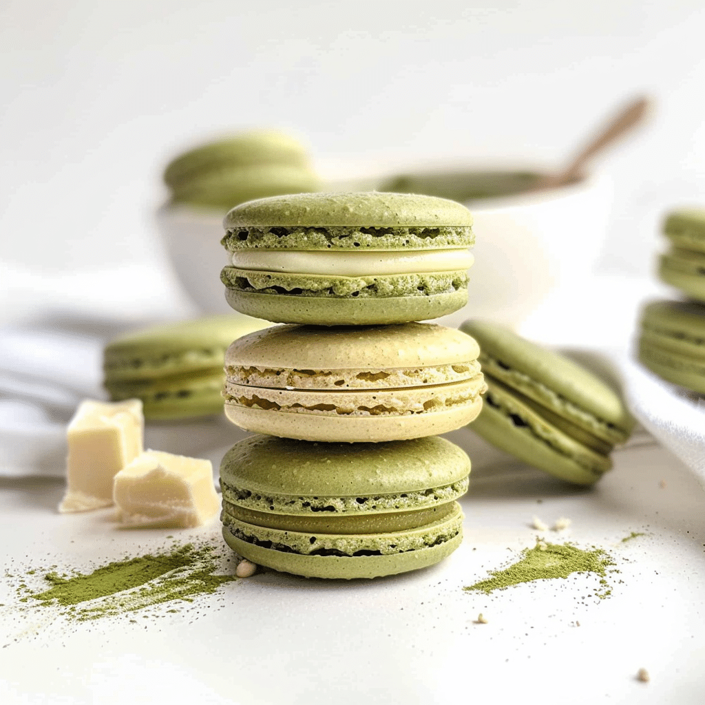 Stack of matcha macarons with white chocolate pieces on white surface